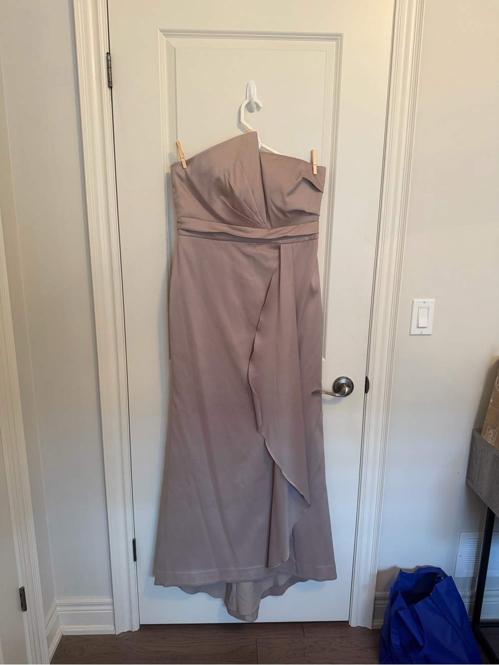 Strapless Ruffle-Front Evening Gown in Taupe